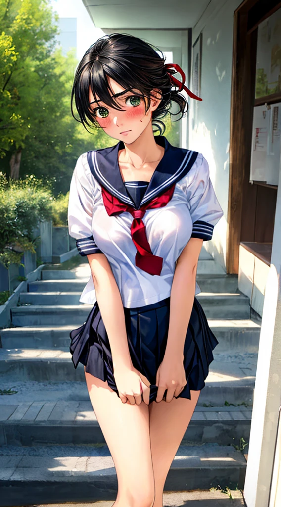 (((perfect anatomy, super detailed skin))), 1 girl, japanese, high school girl, shiny skin, large breasts:0.5, looking away, looking up, watching the view,
beautiful hair, beautiful face, beautiful detailed eyes, (short hair:1.2, bob cut:1.2), light brown hair, blue eyes,
beautiful clavicle, beautiful body, beautiful chest, beautiful thighs, beautiful legs, babyface, mole under eye,
((short sleeves, all navy cute sailor suit, navy pleated skirt, navy sailor collar, red sailor scarf, school shoes), school bag, cross necklace), seductive thighs, ,
((smile:1.5, , , open mouth)), walking, runing,
(beautiful scenery), summer, , street,
8k, top-quality, masterpiece:1.2, extremely detailed), (, photorealistic), beautiful illustration, cinematic lighting,