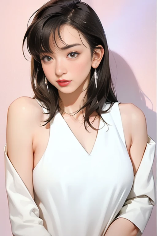 (Highest quality,High resolution,Pixel perfect,8K), (1 Girl:1.2), Beautiful woman,((Wavy mid-length hair, bangs, Brown Hair)), ((Brown eyes, Beautiful eyelashes, Realistic eyes)), ((Detailed face, blush:1.2)), ((Smooth texture:0.75, Realistic texture:0.65, Realistic:1.1, Anime CG Style)), Medium Chest, Perfect body, (Earrings,necklace,Sleeveless turtleneck sweater,mini skirt, ((Skirt flip)), A shy smile)), ((Her lacy panties are visible:1.1), (Multiple Views,Two views)