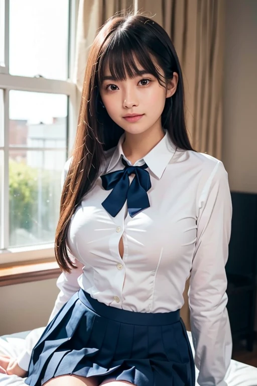 masterpiece,highest quality,High resolution,Very detailed, (Very detailedな目, Very detailedな顔)、((Browsing Caution))、(((Open the front of the shirt wide)))、Showing cleavage、Small breasts、((Small breasts))、I can see your thighs、Short skirt、(A cute 15 year old girl wearing a uniform sitting at a desk、Japanese、Japanese、Japanese girls uniform、Surreal、(Cute Hairstyles))、Beautiful anime school girl、Cute school girl、学校のをwear、リアルなYoung Gravure Idol、wear、Young and beautiful gravure idol、Surreal 、Young Gravure Idol
