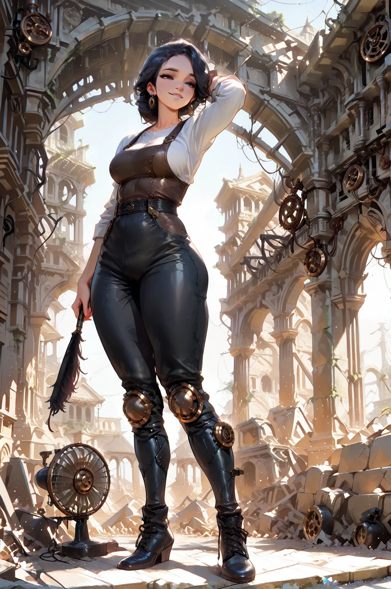 steampunk woman body defined thick thighs, steampunk top hats short underwear, victorian age railway station in background, ((steam locomotive visible):1.2)), dramatic light, victorian age, steampunk style