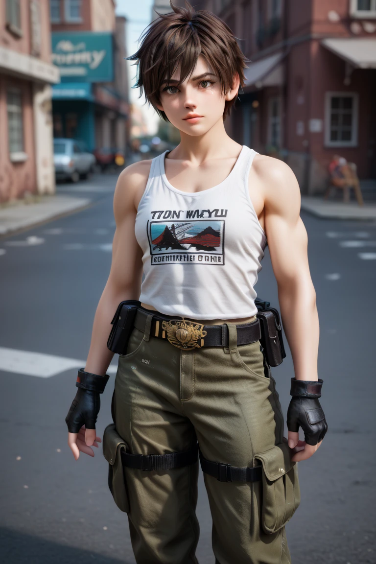 masterpiece, best quality, extremely detailed, raw photo, (profile view: 1.2), in a gigantic mech maintenance building, mechs in the background, (working on a mech: 1.2), <lora:cindercarla2-180:0.7>, cindercarla, tank top, baggy cargo pants, suspenders, goggles on head, glasses, short hair, dark grey hair, tanned, rounded hips, grin, slender waist, narrow waist, holding a wrench, wearing a tool belt, hands up, reaching inside a machine