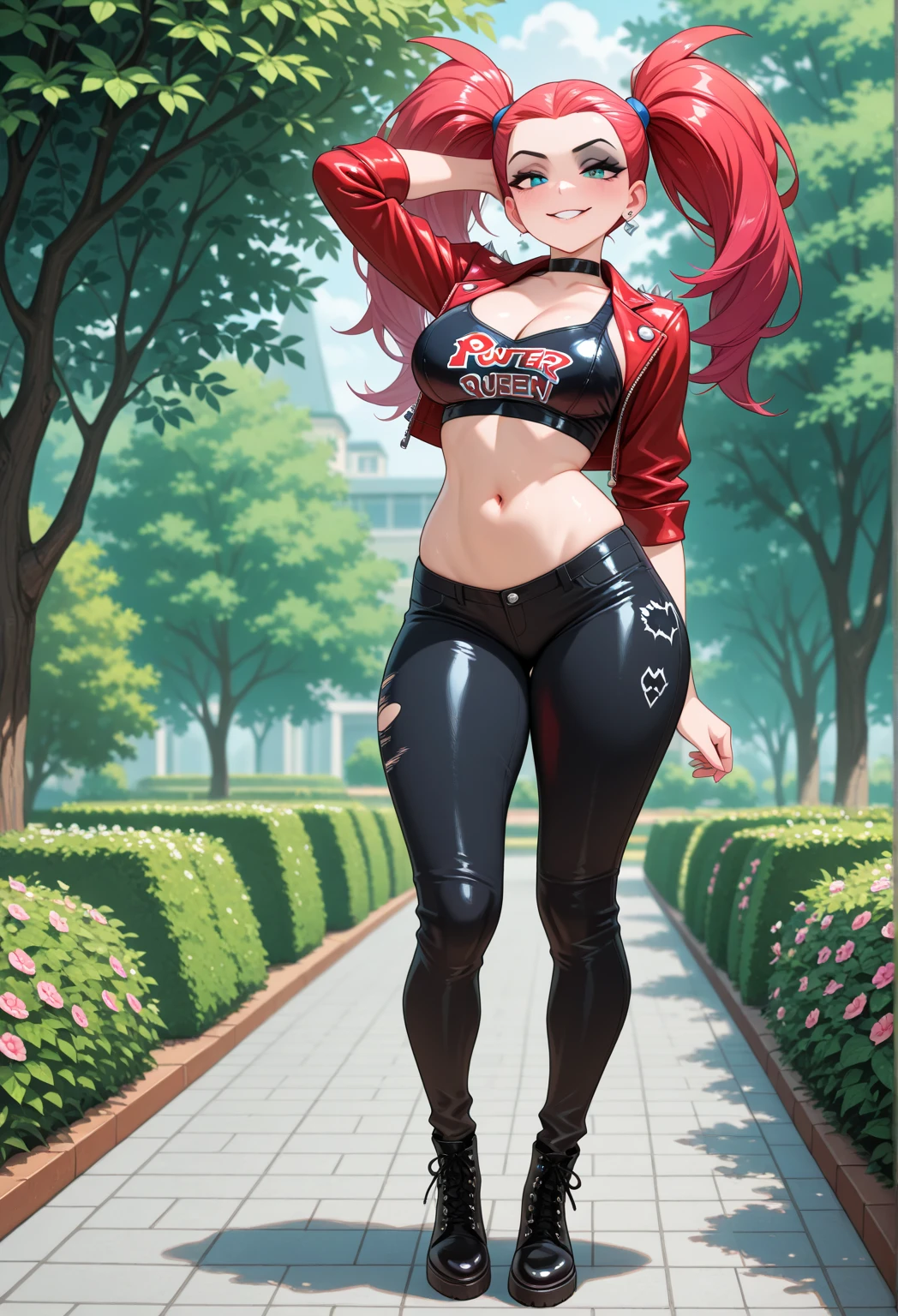 beautiful pinkish-red hair, green eyes, tanned, athletic-curvy, small breasts, Best Quality, Detailed, Perfect face, Beautiful face, 1girl, Best Quality, Highly detailed , sadistic smile pantyshot, (frombelow: 1.3), looking back, cuddling, tight sporty clothes, ass, cock buldge under clothes