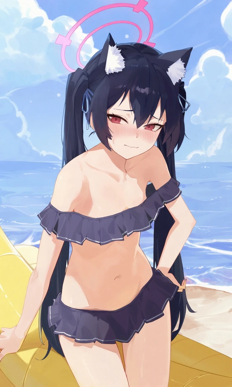 (8K、Top image quality、top-quality、​masterpiece)、1 little girls((Lori))、Black hair twintails、Gray eyes、evilsmile、very Bigger breasts、whitebikini、blue open sky、sea the background of