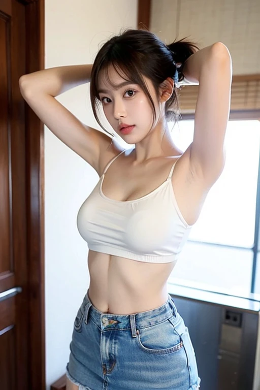 best quality、best quality、realistic、unity、8K wallpapers、official art、Highly detailed CG unity 8K wallpapers、very detailed、high resolution、Physically Based Rendering、very detailed,growing up, finely,1 girl、(medium hair)、(laugh:1.1)、slim face、cute lady、very detailed 얼굴、detailed eyes、double eyelid、Kamimay、(glowing skin)、(Sunburned skin)、(Looks like real skin)、gray background、(((navel、open your legs、naked、, random posture、oversized tube top))、face、slim face、professional lighting、(The light shines on my face:1.5)、The best light,Breasts stand out、美しいnavel