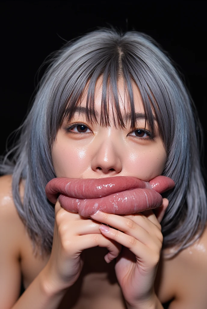 Akiko Yagi, 59 year old mature woman, (Realistic, photo-Realistic:1.4), (Highest quality, masterpiece:1.2), RAW Photos, High resolution, Intricate details, Very detailed, Very detailed, Very detailed, Realistic and sharp details, Portraiture, Looking into the camera, alone, One girl, Japanese female idols, (Blowjob,Cheek swelling, Eat a giant sausage with your hands, Shoving a long sausage deep in your mouth:1.4)、necklace, Earrings, jewelry, Detailed face, Beautiful attention to detail, Beautiful Eyes, Refined nose, Pale skin, Fine skin, Photo Background, indoor, Luxury),(((Completely naked))),(((nsfw))),((Small breasts:1.2)),(((nsfw))) ,(((Completely naked))),