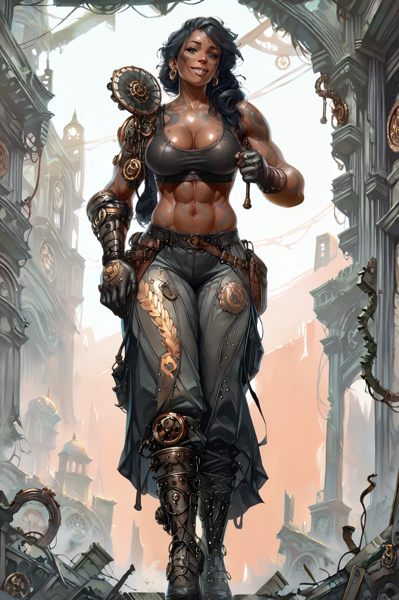 (masterpiece, best quality:1.2), highly detailed, nsfw, rated_excited, solo, 1 girl, mature woman, a female giant, brown toned skin, black hair, athletic body, mechanic legs, steampunk legs, temple ruins n background,full body fan art, character design 