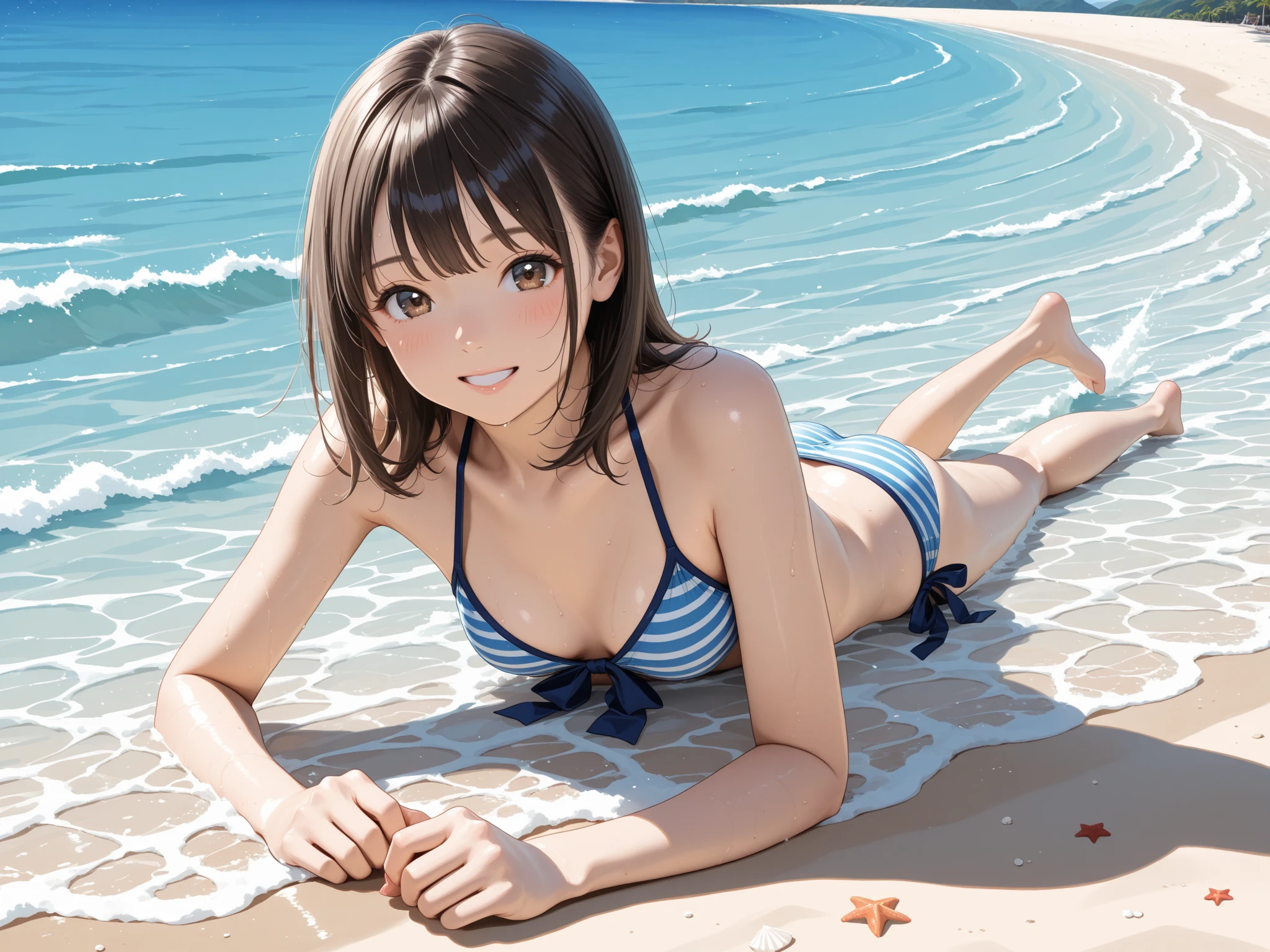 1_girl, solo, sksbrooke person, sksbrooke, (masterpiece:1.2), (best quality:1.2), perfect eyes, perfect face, 1girl, solo, brown eyes, (medium breasts), perky breasts, yellow stripe bandeau top and Brazilian bottom bikini set, beach background, sitting in the water, 