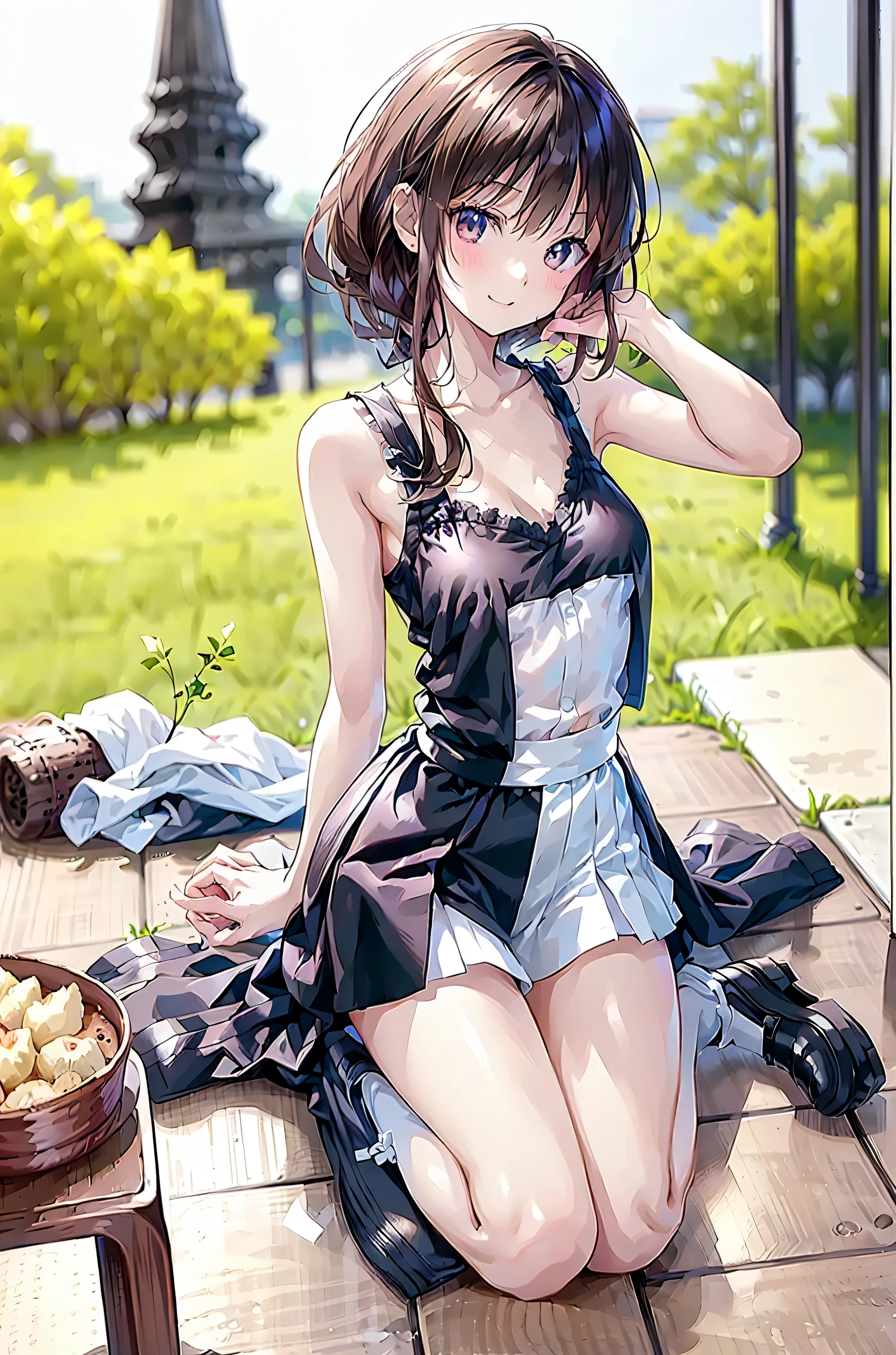 ((masterpiece)), (anime:1.5), ((Highest Quality)), (Original photo:1.2), (high resolution:1.3), (professional photo shoot:1.2), ( chromatic variation ), One Girl, (()), (serious), (beautiful brown eyes:1.3), viewers with the pool in the background, plain shirt, O-ring, messy hair, medium hair, ( black business suit with female breasts from behind ), ((Take off your work pants)), 明るいbrown hair, (small breasts), Cute waist, Outdoors, ((Top of the big bell tower)),brown hair,Shortcut,My hair is unkempt, short braided hair ,neat,My Blurry Hair with Openings,hole々positive attitude,small breasts,Beautiful legs, Her enchanting gray-blue eyes shine like stars.,brightly colored,Beautiful Eyes,A delicate smile,Textured Skin,Highest Qualityのものが最高, gently beautiful woman ,anime風、anatomically correct hand,correct foot anatomically correct