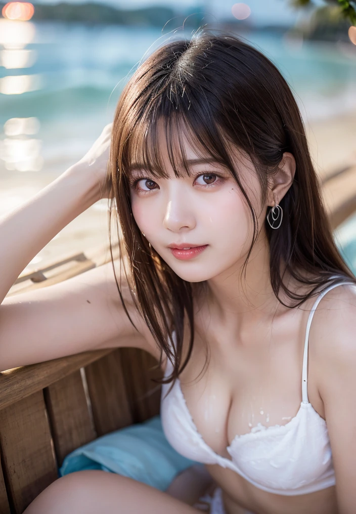 mix4，high quality work，Realistic artwork，Ultra Premium Graphics，8K HD CG Works，High quality graphics，High-definition and sophisticated CG work，10x pixels，Ultra-fine detail：1.1，Advanced Technical Details：1.1Realistic photos効果，Indoor lighting effects：1.5，Natural soft light：1.5. Light effects（Virtual Light Effects：1.8），Ultra-high resolution，Shiny Dress，Transparent Hair，Hair with attention to detail（High quality hair detail：1.1）Clear Eyes，Double eyelids are beautiful，Sharp eye makeup, Creates exquisite eyelash makeup, Thin eyebrows, Very fine eye，High nose, Beautiful red lips, Rosy Cheeks, Delicate makeup applied , Pretty face, The face shape is perfectly balanced,（Advanced Face Detail：1.1(Overwater cottages in the Maldives,Swim up to one&#39;s shoulders in the sea,)blush、Laugh shyly、(Beautiful adult woman)、(Dark brown long hair、hairpin、ponytail、Floating Hair、No bangs)Big Breasts、G Cup、blush with embarrassment、dream-like目、A smile that confuses the viewer、Check out the photographer、Sweaty skin、Looking at the audience、topless、,4 topless、necklace、Earrings、Pointed red mouth,Perfect round face,,Proper body balance,Intricate details,Very delicate and beautiful hair,Realistic photos,dream-like,Professional Lighting,Realistic Shadows,Focus Only,Beautiful Hands,Beautiful fingers,Detailed functions of the fingers,Detailed characteristics of hair,Detailed facial features,(Tabletop,Highest quality,Ultra-high resolution出力画像,) ,(8K quality,),(SeaArt 2 Mode.1:1.3),,(Picture Mode Ultra HD,), ,Women artwork，Dress full body video，realism，Great cleavage，Your eyes are shining brightly today