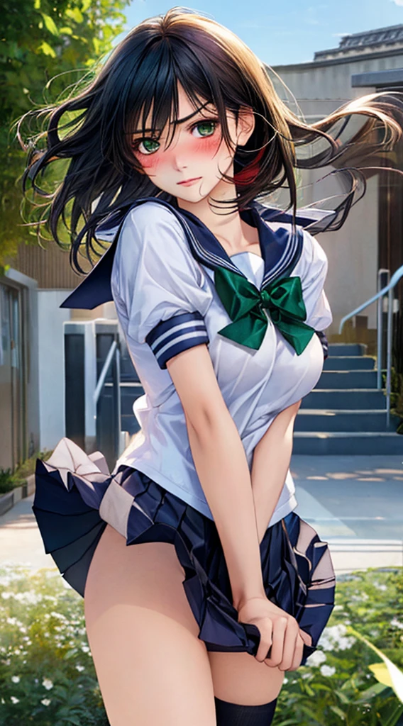 1girl, 17yo, beautiful girl, ulutra detailed, best quality, detailed face, clear-cut beauty, realistic, deep detailed eyes, sparkling eyes, (shiny brown beautiful eyes with reflections), shiny-black hair, school sailor uniform, serahuku, mini skirt, knee-high socks, large breast, shoot from above, looking at viewer, (blush:1.1),crouching