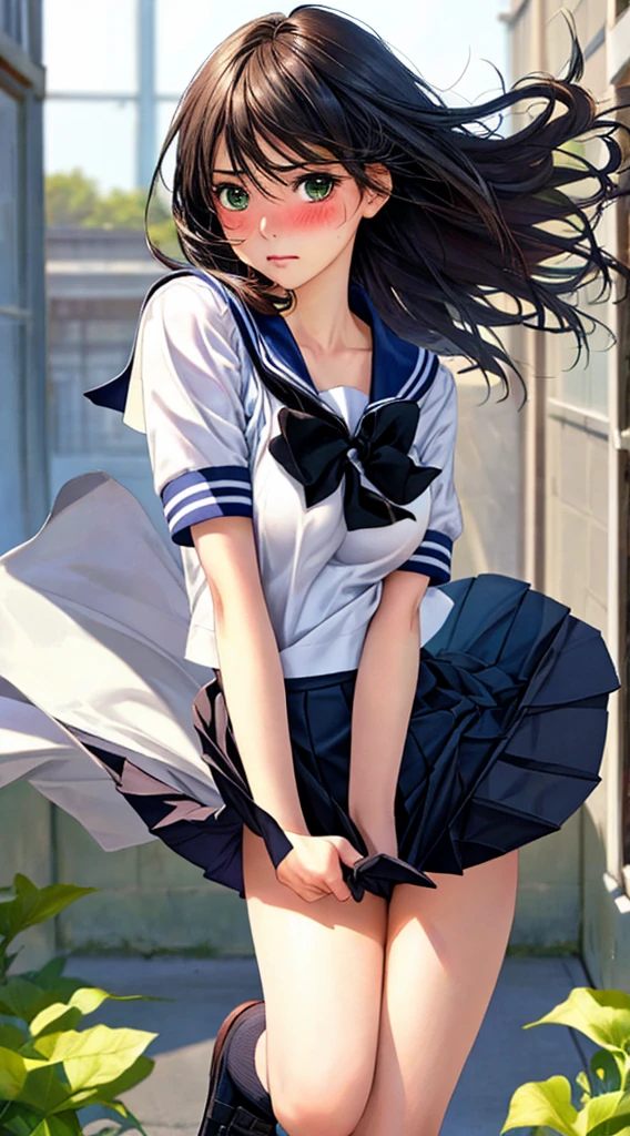 ((masterpiece)), ((Highest quality)), (Very detailed), ((Cute high school student)), (nice), ((sexy)),  ((Very detailed)),  (8k), Highest quality, (beautiful), Watercolor illustration, Focus on the face, whole body, autumn,  alone, Sailor suit, beautifulロングヘア, beautiful黒い瞳, White skin, ponytail, Detailed hair,Slender body,(( Medium chest, beautiful身体のライン)), black tights, The hem of the skirt flaps, Surprised face, Strong winds, Wind effects, Shooting from below