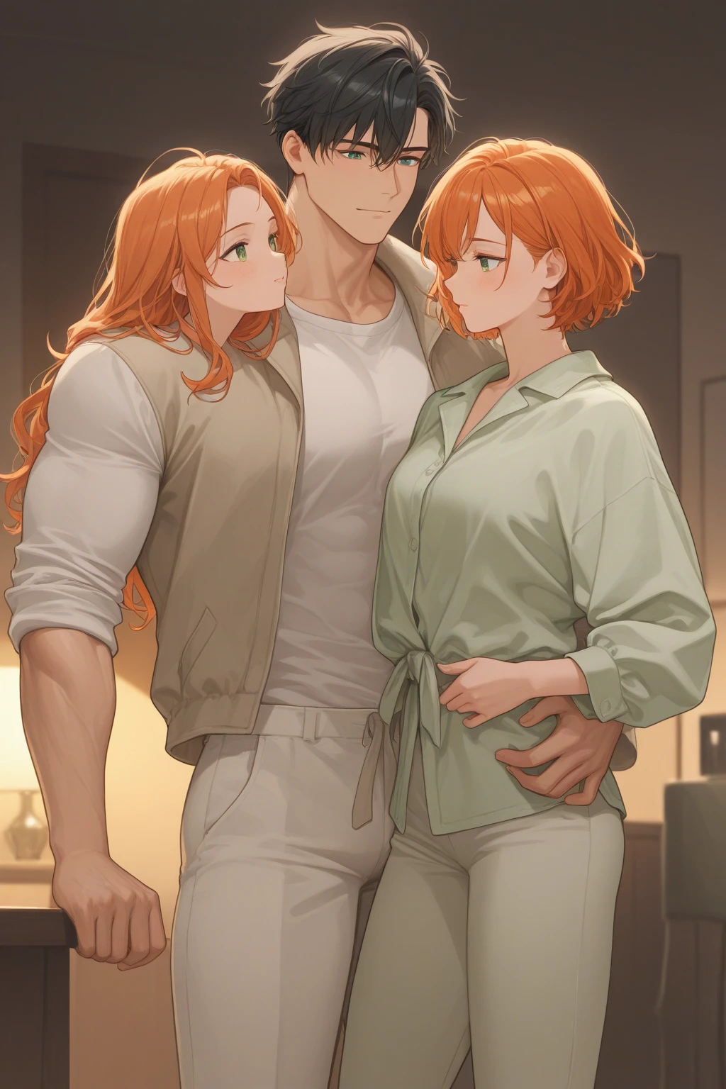 blond haired man, tan skinned man, (slim woman:1.7), naked, standing, Red hair, 2 people, smiling