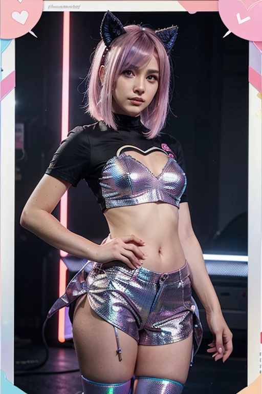 A young DJ with short hair styled in a pink asymmetrical bob, wearing a pink holographic crop top and a holographic circle skirt. She&#39;s on stage at a big outdoor festival, with pink and purple neon lights illuminating the night sky. Clear LED headphones dangle from her neck as she looks into the camera with an expression of pure energy and excitement., while the crowd cheers to your music.