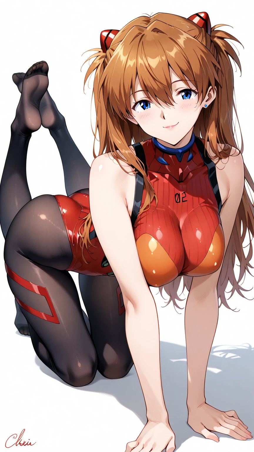 top-quality、Full limbs、complete fingers、Slender beauty、1人の女性、((orange hair woman))、Woman in a ponytail、Beauty busty woman、((Orange competitive swimsuit))、((Brown pantyhose))、A big smile、((Love))、inside in room、a bed