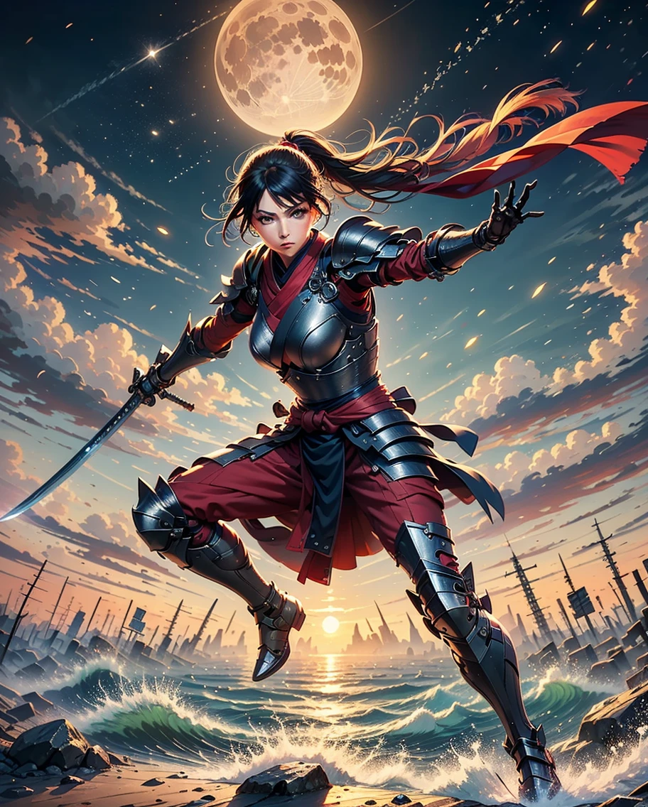 (best quality,4k,8k,highres,masterpiece:1.2),ultra-detailed,(realistic,photorealistic,photo-realistic:1.37),2 hot lady samurai,dueling in a blooming cherry orchard,mid-day,deadly weapons,cyberpunk costumes,cherry blossoms,sharp katana swords,long flowing hair,glimmering armor,striking poses,intense gazes,crimson sunset,dynamic fight,motion blur,dramatic lighting,neon lights,steampunk details,powerful stances,vivid colors,expressive eyes,emotional battle,ethereal atmosphere.