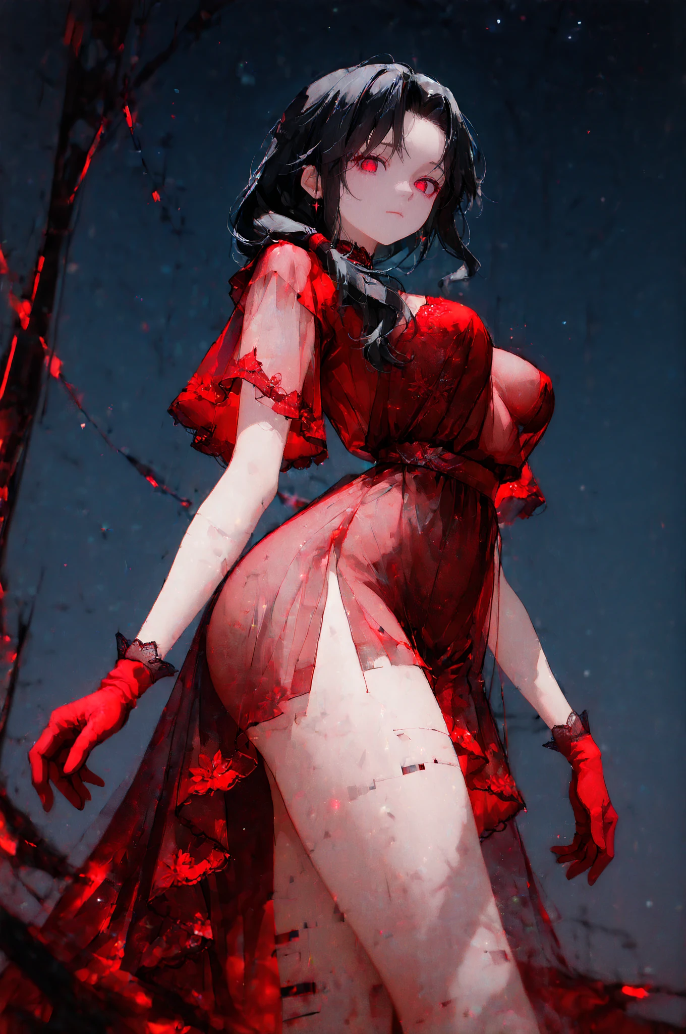 1girl, black hair, (red eye) ,red rose, Red bow,  black noble dress ,pale skin,
(high resolution, high detail, best quality), mysterious, elegant, shy