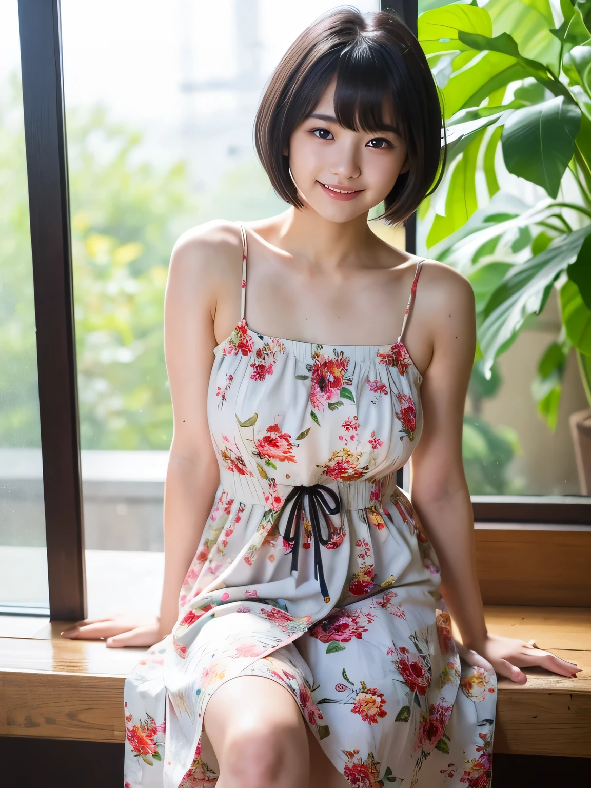 (((highest quality)), ((masterpiece)), (detailed), Best-quality, Masterpiece, Ultra-High-Resolution, (Photorealistic:1.4), Raw-Photo, depth of field, professional lighting, perfect anatomy, extremely details, 1girl, 15-years-old, the most famous Japanese idol, wearing summer-dress with cute-design, at living room, dynamic pose, (extremely cute face like the most popular Japanese idol, ((extremely cute and extremely big eyes)), extremely beautiful short-cut-haired), extremely beautiful skins, childish body, extremely beautiful thighs, looking at viewer, innocent smile