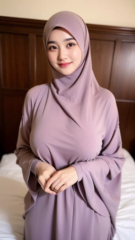 A beautiful Asian girl in a long hijab with tight and clearly visible breasts, With dark colored clothes, Is hugging herself , and good quality images