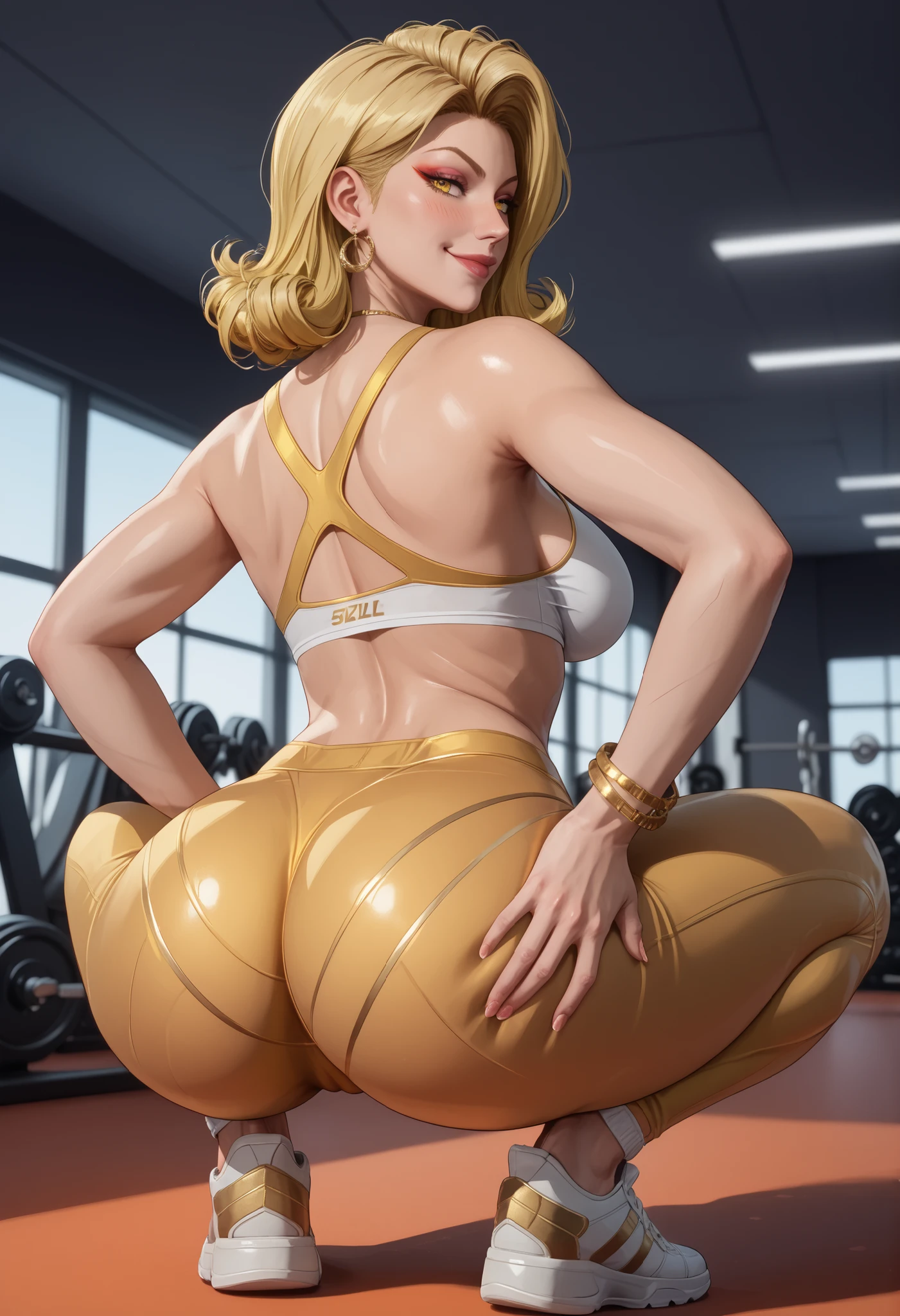 (best quality, 8k, highres, photorealistic:2.0), (solo, one girl:2.0),(lighting: front),(lighting: strong),(Russian Beauty:2.0),(very muscular girl:2.0),(bodybuilder girl:1.5),(shiny skin:1.5),(oily skin:1.5),(platinum blonde hair:1.5),(Squat down with both knees up and spread your legs apart:1.5),(raise both arms behind your head:1.5),(high heels:1.5),(lewd girl),(cyberpunk location:1.9),(amazing orgasm),(((Tight high-leg one-piece golden swimsuit))),
