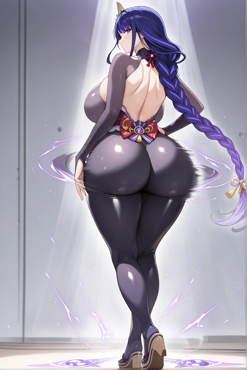 purple hair、purple eyes、big breasts、Drooping eyes、ponytail、Completely naked、full body、anime style、