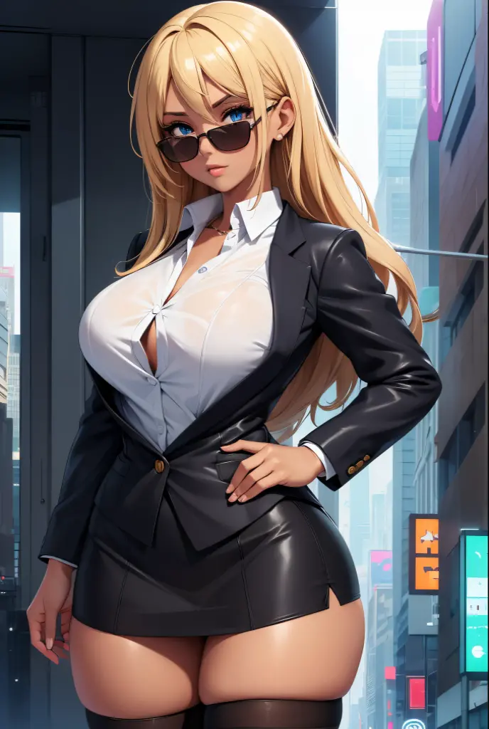 (Masterpiece, Best quality, ultra high resolution),1girl, gyaru, dark brown skinned, blue eyes, blonde hair, large breasts, thick thighs, himecut, Black office jacket, white shirt, black office skirt and black stockings, beautiful and detailed face, detailed eyes, detailed nose, cyberpunk city during the day, wearing sunglasses. She has her right hand on her hips and her left hand adjusts her glasses. She is looking seductively at the camera