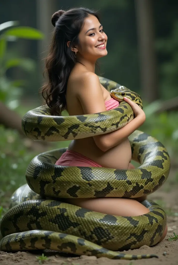 Pregnant Happy Horny, aroused 1girl), beautiful indian young teen girl wearing thong with giant colossal black titanboa monster squeezing her hard, wrapped in thick spiraling coils, constricted, struggle, gasping for air, snake attack, snake peril,