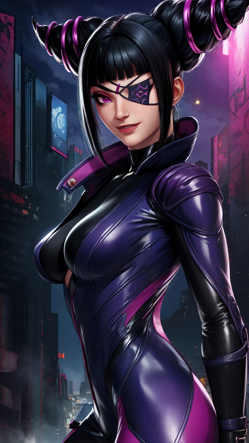 Juri , black hair,two-tone hair, hair horns, purple eyes, eyepatch,
bodysuit, clothing cutout,
standing, upper body, evil smile,
night club,
(insanely detailed, beautiful detailed face,beautiful detailed eyes, masterpiece, best quality) , solo, dinamic poses, shinning eyes