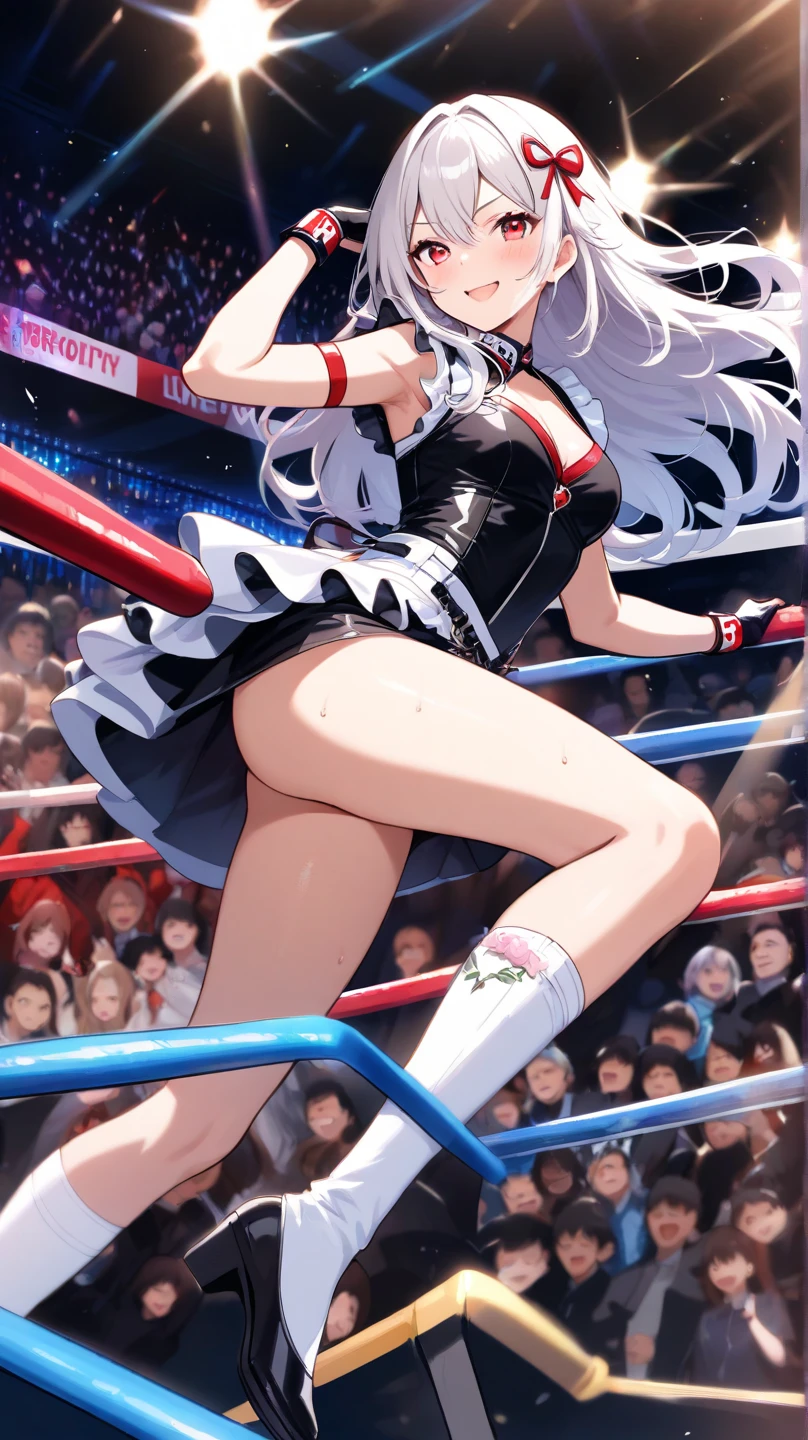 ((masterpiece)), disorganized, she is sadistic、aqua eye, blonde long hair,beautiful white skin、white ribbon, pink maid clothes、open clothes、 ((charming))、open your lips、 Grinning smile、perfect proportions、(((Kickboxing)))、((in her room))、((kick the penis))、(she kicks the guy)、(((Mixed wrestling))), (((She is knee striking))), ((1boy)), (man falling down)、((penis)), (((eject cum))), ((cum on leg)), Semen comes out of the penis, (penis on her leg), kicking、raise your knees、((kicking penis))、young face, cute woman, baby face, BREAK source_anime, high detail, small breasts, smug, looking at viewer,soles, feet, POV, Enraptured eyes, 10 yo., flat chest, expressionless, black maid-dress, opened mouth, gaping mouth, gapemouth, best quality, masterpiece, highly detailed,