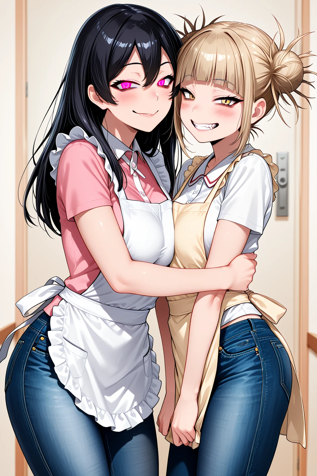 two girl、naked apron、kiss、hug each other