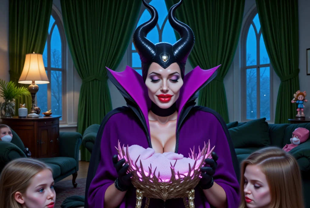 Stable_Yogis_PDXL_Positives  score_9, score_8_up, score_8_up, 
solo, grimhilde, green eyes, makeup, lipstick, black and red cape, white collar, cloack, purple robe, crown, black balaclava,  legs apart, blushed, cameltoe, naughty smile, sitting on throne, thighs,  black high heels, white micro panties,
<lora:GrimHilde:1>