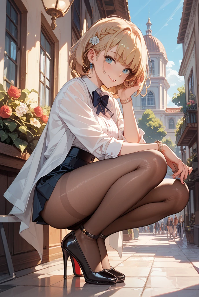 ((Biologically correct number of limbs))、4K、masterpiece、((focus on the face))、((Symmetrical facial features))、Eyes with detailed description、Beautiful woman、outstanding style、beautiful arms、beautiful legs、beautiful hands、(small ass、thin thighs)、Detailed depiction of faces、(shirt、skirt、((Tina Branford))、high heels、stockings)、close up of face、The background is the park in the morning、
