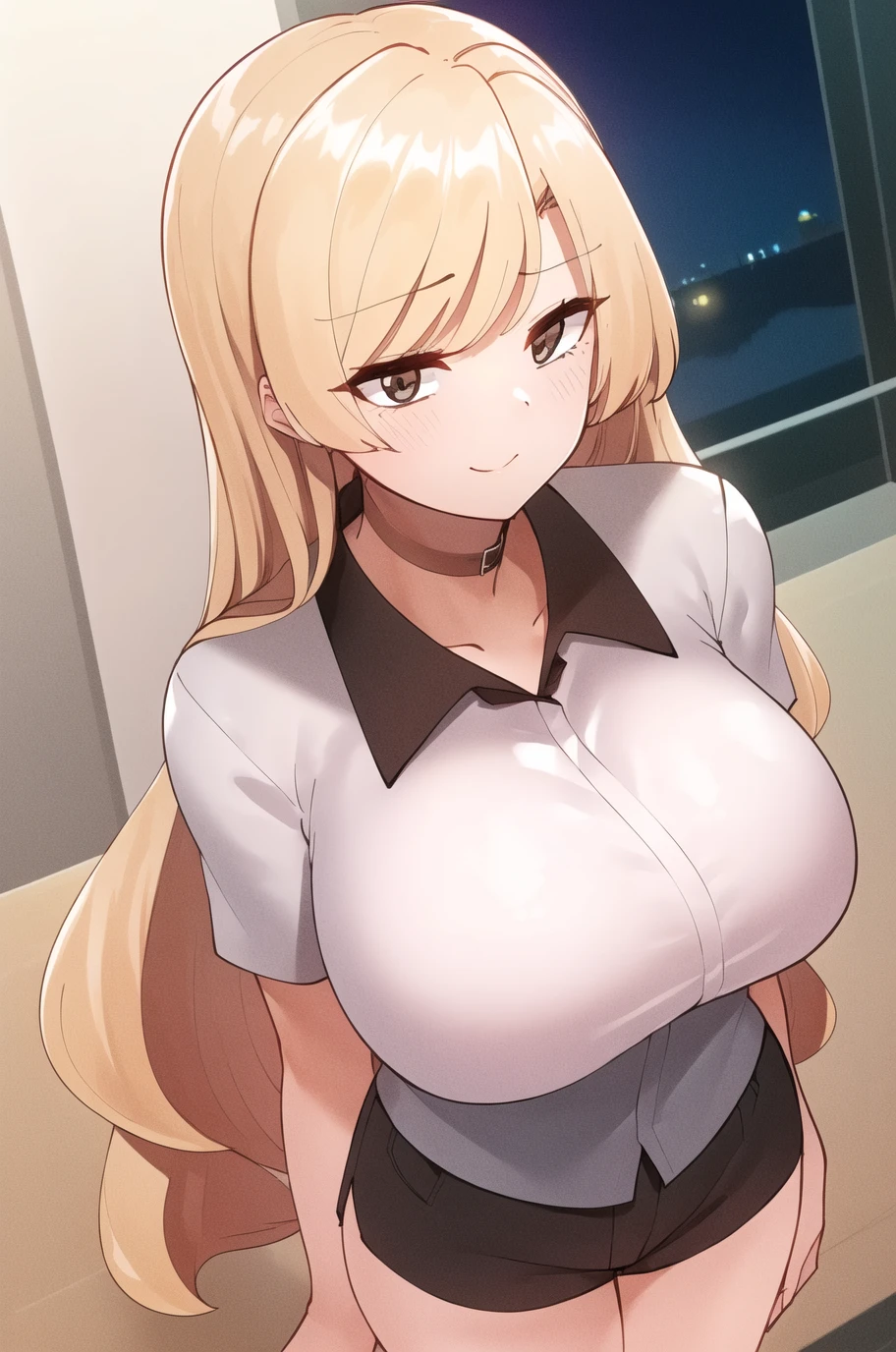masterpiece, best quality, finely detailed, 1girl, (blonde), (bishoujo), cute, (red eyes), (eyelashes), (huge breasts), (cleavage), (white shirt:1.2), (open shirt), thick thighs, chubby, sitting on a sofa, lamp, window, night, delicate interior design,