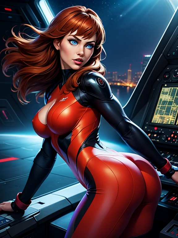 (best quality,8k:1.2,high resolution:1.2),ultra-detalhado,Realistic,retro science fiction female superhero,very long curly hair,rosto extremamente detalhados,long eyelashes,all sheer brown Collant de nylon Apertado,all brown orange pantyhose,brown latex gloves, brown Glossy plastic accessories,Physically-based rendering,foco nítido,studio lighting