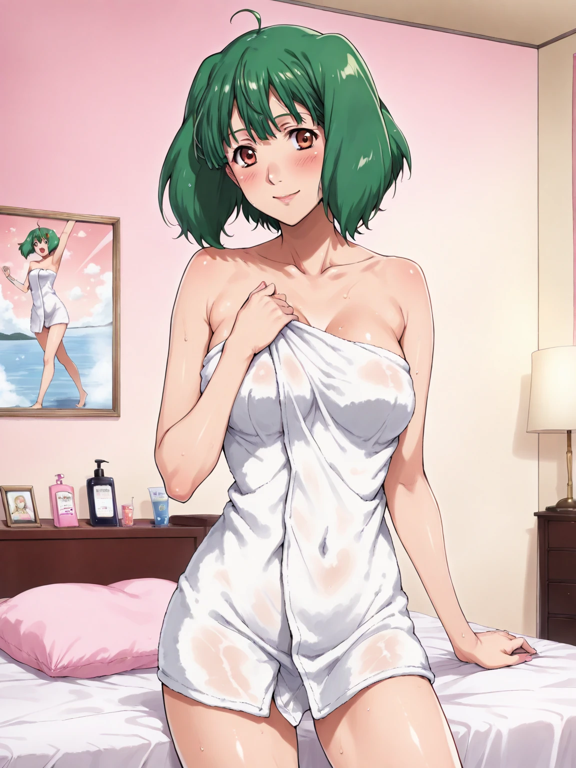 (Masterpiece, High Quality, Top quality, High-Detailed, Detailed CG, Cinematic Shadow, Cinematic Scene, Beautiful Detailed Eyes, Ultra Resolution, Depth of Field, High Resolution, Masterpiece: 1.2), Anime Art style, Very Detailed, Dynamic Angle, Teen Style, Detailed Green Hair, Detailed Blue Eyes, Purple Eye, Slim Body, Sparkling Eyes, Sparkling Detailed Eyes, Hair Accessory, Earrings, Slightly Blunt Bangs, Looking the Audience, (Embarrassing Expression:1.2), (Towel:1.2), (White Towel), (Almost Naked), (Naked Towel), (Anime Girl Holding a Towel to cover it's body), (Only wear Towel:1.2), (Cover Body With Towel), Good Composition, Hand, weat, Thick Thighs, Small Breasts, Small Size Breasts, Blur Background, Chinese Architectures