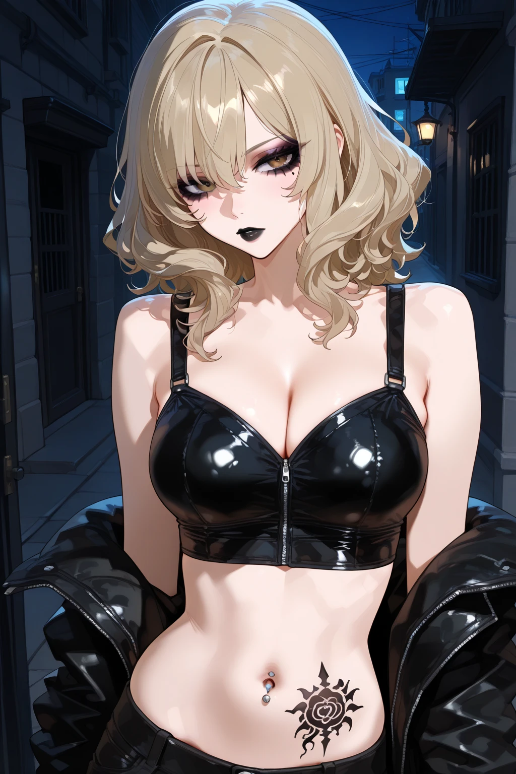 anime artwork, score_9, score_8_up, score_7_up, score_6_up, score_5_up, score_4_up, r,Camie Utsushimi, light brown hair, dark brown eyes,, breasts, , big breasts, , , , she is 24 years old, , ,horny, , , , style_3, ,,  black background, blush, nose blush, black bikini, highleg bikini, dutch angle, solo, eyepatched bikini
