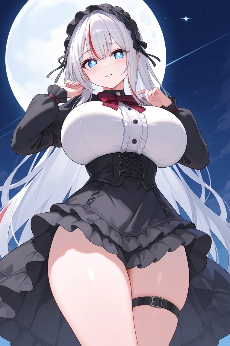 Masterpiece, Very detailed, Ultra-detailed, One, stone-woman - thigh view, with stone skin and body, medium midnight white hair, bloodshot red eyes and women's white thong lingerie, with huge breasts and around the moon and stars, terrible and terrifying atmosphere