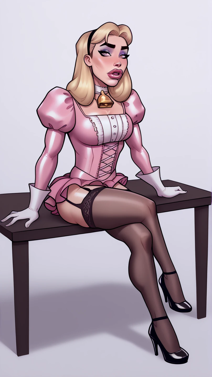 massive , big ass, juicy lips, big lips, massive lashes, blonde wavy hair, green eyes, pink bow, in a room, glasses, big platform boots, black boots, next to pole, pole dancing,samdoesart style