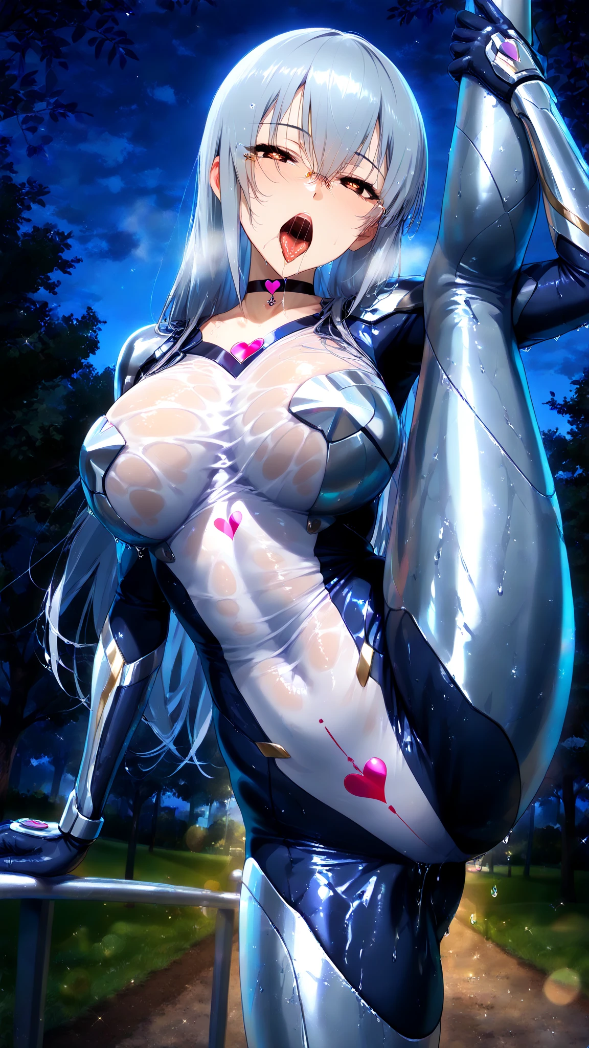 Liquid metal woman, whole body covered in shiny silver metal liquid slime, Big breast, nipples exposed, vagina exposed, Long shiny liquid silver metal slime ponytail hair, Glowing pink eyes, Liquid silver metal slime face, Sinister smile, Liquid shiny silver metal slime covering body.