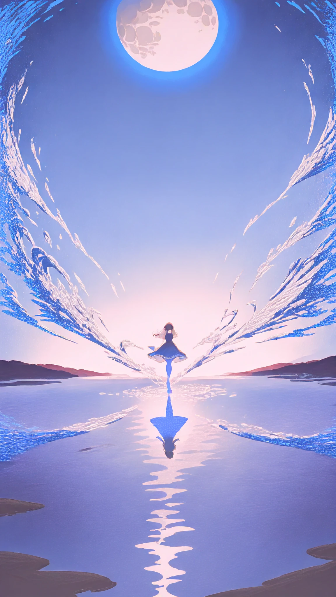 extremely beautiful woman dancing gracefully on the surface of a quiet lake, viewed from a great distance, using the power of water, surrounded by splashes and flowing water illusions, under a mystical night sky with stars and a glowing moon, magical and serene atmosphere, silhouette illuminated by ethereal blue light, fantasy landscape, soft lighting, cinematic composition, ultra wide shot, dreamy and elegant