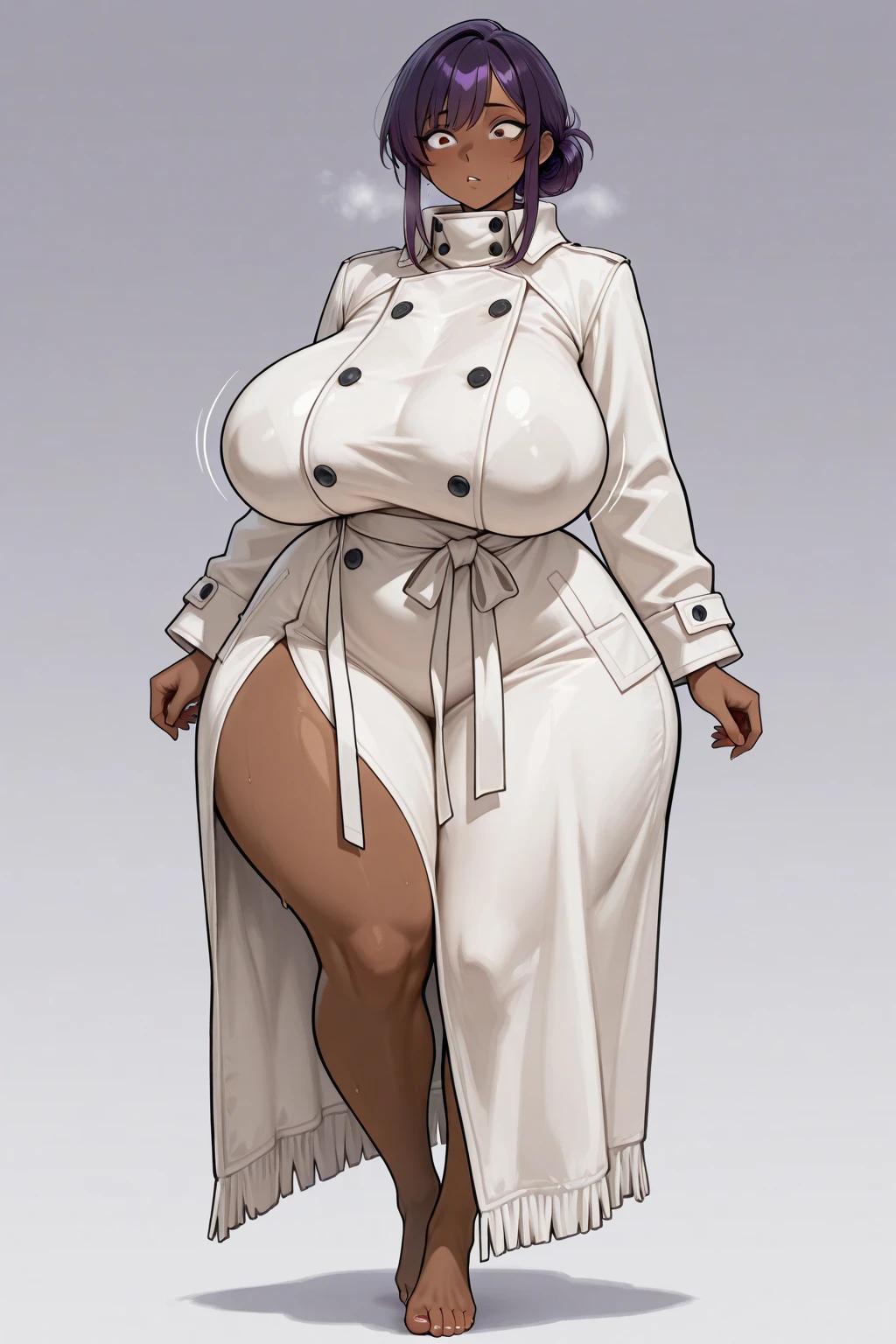 digital art, highly detailed, reference sheet, standing pose, legs uncrossed, hand pulling at cheek, feminine features, dark skin, overweight, curvy, corpulent, portly, mature woman, adult female, whole body, bald, form-fitting, abaya dress, scarf, long sleeves, long skirt, shoes, 1woman, solo, upper body, lower body, ((Extremely Detailed)), ((Best Quality)), ((Masterpiece)), ((4k)).
