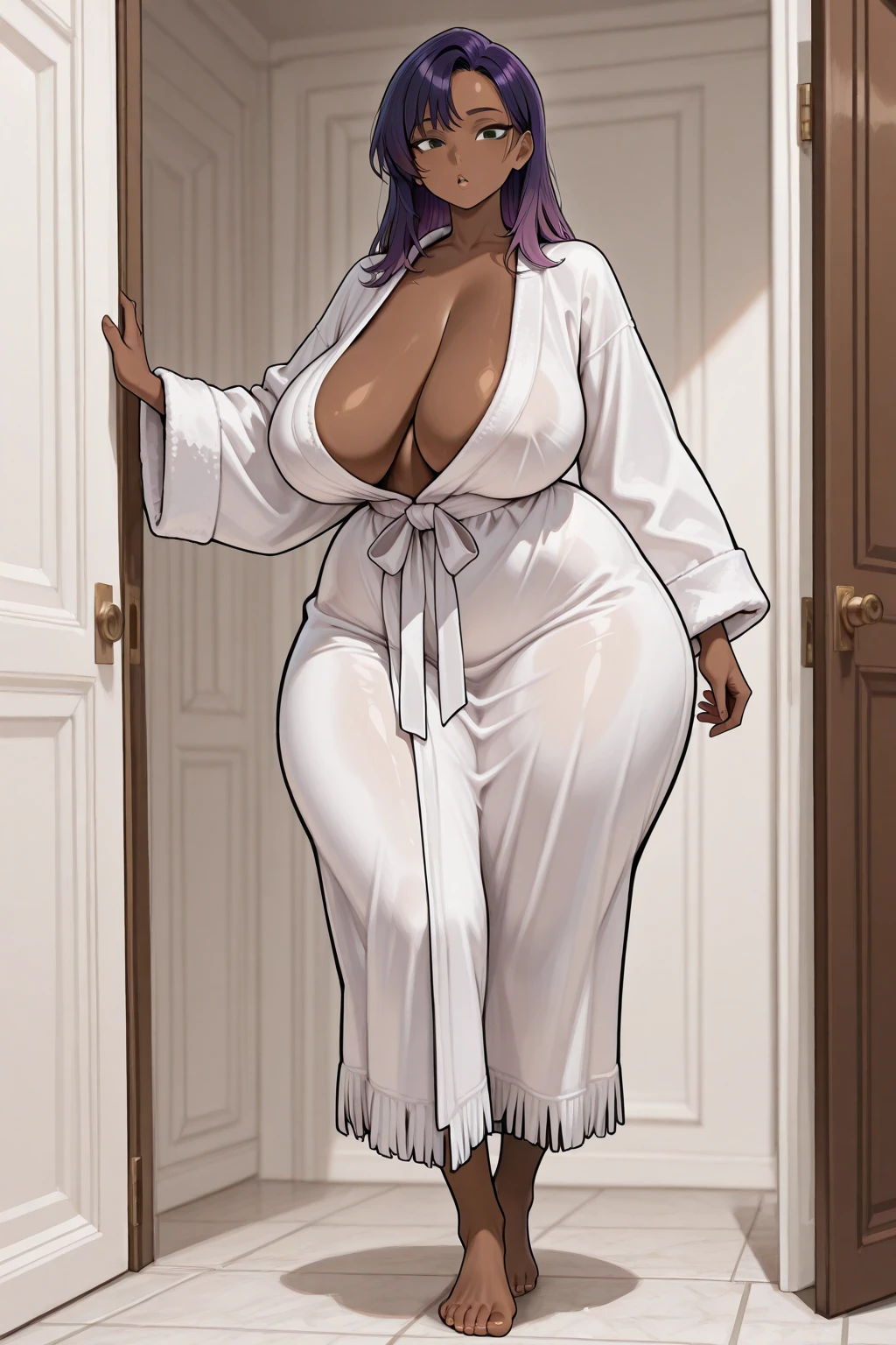 digital art, highly detailed, reference sheet, standing pose, legs uncrossed, one hand pulling at cheek, feminine features, dark skin, overweight, curvy, corpulent, portly, mature woman, adult female, whole body, bald, form-fitting, abaya dress, scarf, long sleeves, long skirt, shoes, 1woman, solo, upper body, lower body, ((Extremely Detailed)), ((Best Quality)), ((Masterpiece)), ((4k)).
