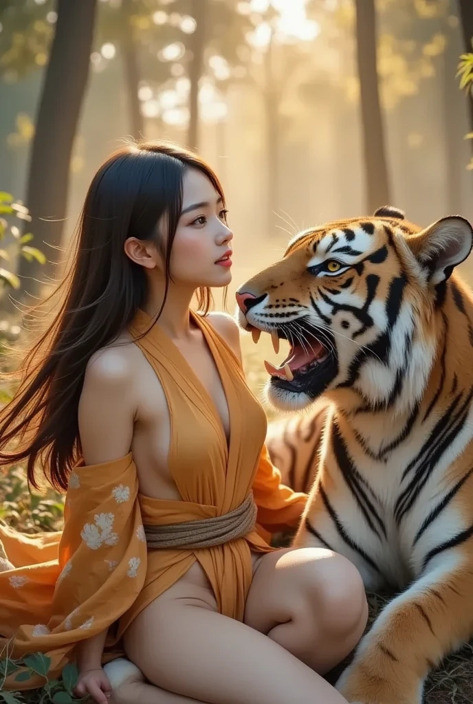 ((beautiful woman, 22 years old, fit body, perfect breast, innocent face, gray eyes, with golden blonde hair)), standing next to two tigers, clouds background, Real life, ultra realistic, photorealism, photography, 8k, photography,