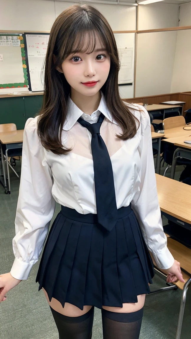 masterpiece, best quality, illustration, Super detailed, fine details, High resolution, 8K,wall paper, perfect dynamic composition,(Details High quality, realistic depiction of eyes:1.3), (white school shirt :1.2), (plaid skirt :1.3), tie black, black thigh-high stockings, sitting, open legs, ponytail, in a classroom, blackboard in the background, deep on field, large breasts, black hair color, Big Natural Color Lip, (perfect body shape), crying a little、cold gaze, Harajuku style、20 year old girl、cute type、lolita、beautiful legs, Gravure Idol