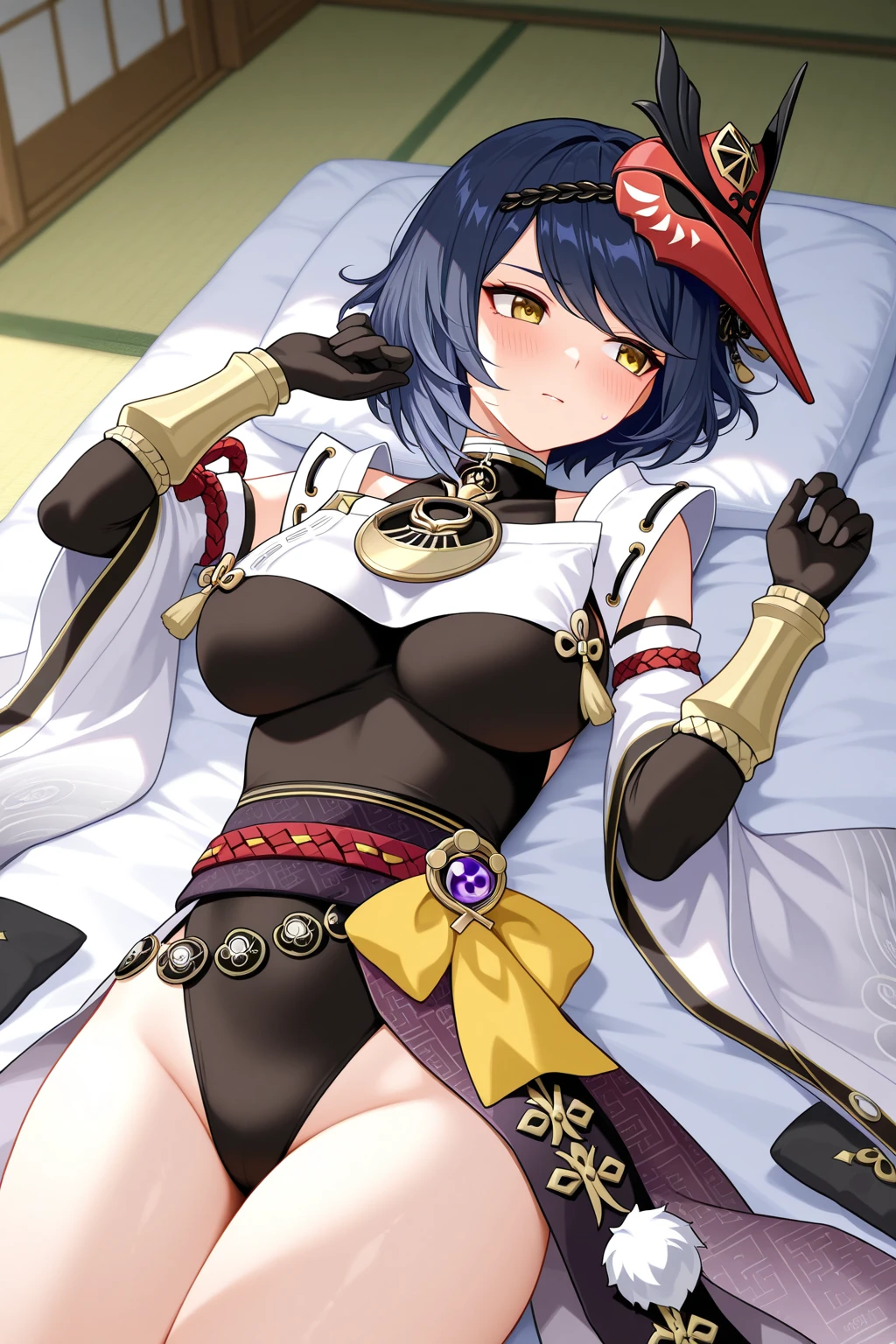 ((1 cyborg woman in a bathrobe, legs wide open, squirting a lot of pee, peeing a lot)),((urethra piercing, lilac piercing on manilas, bare breasts, huge breasts, erect breasts, biomechanical pussy)),((lilias hair )),((red eyes, smile)),((facing the viewer)),((on a pirate ship, at sea during the day)),