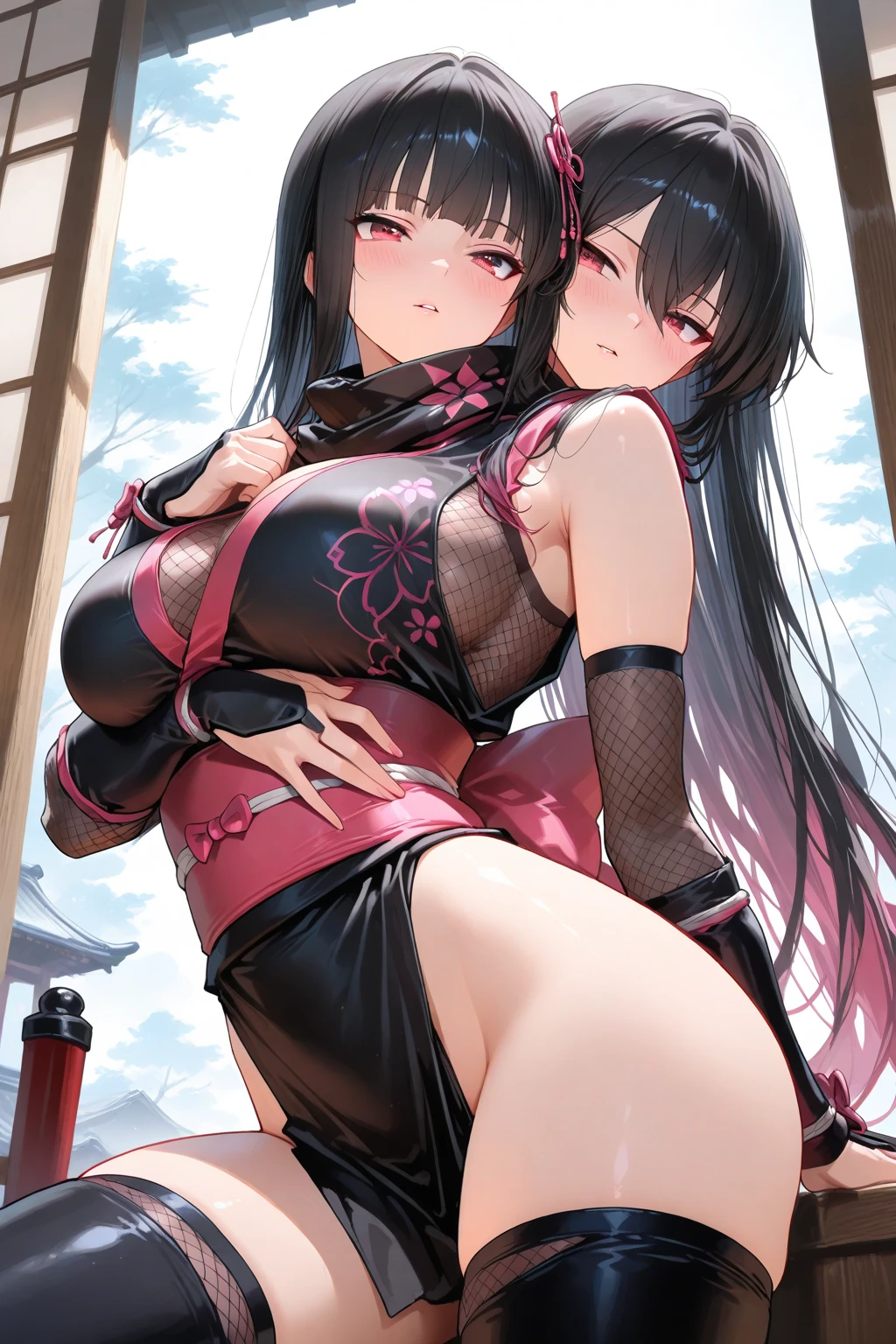 Prisoner of war, ninja, ponytail, black mask, medium breasts, torn clothes, white underwear, Japanese-style room, restraint, angry, rope, wet with cloudy liquid, wet with saliva, wet crotch, wet thighs, Watery eyes, shy, lying down, excited