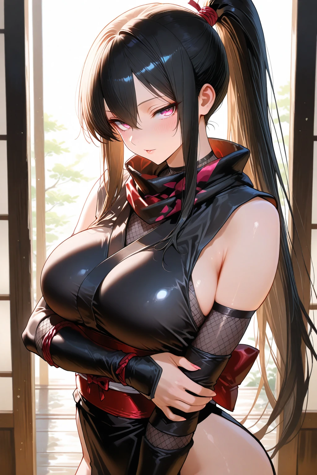 Anime style, better quality possible, very details, young adult sexy women ninjas, tinny, ethinic random, hair colour random, black dress with decote, show part of tits, boots ninja, faixas, ninja weapons randon katana shurikens nunchaco, old feudal village .