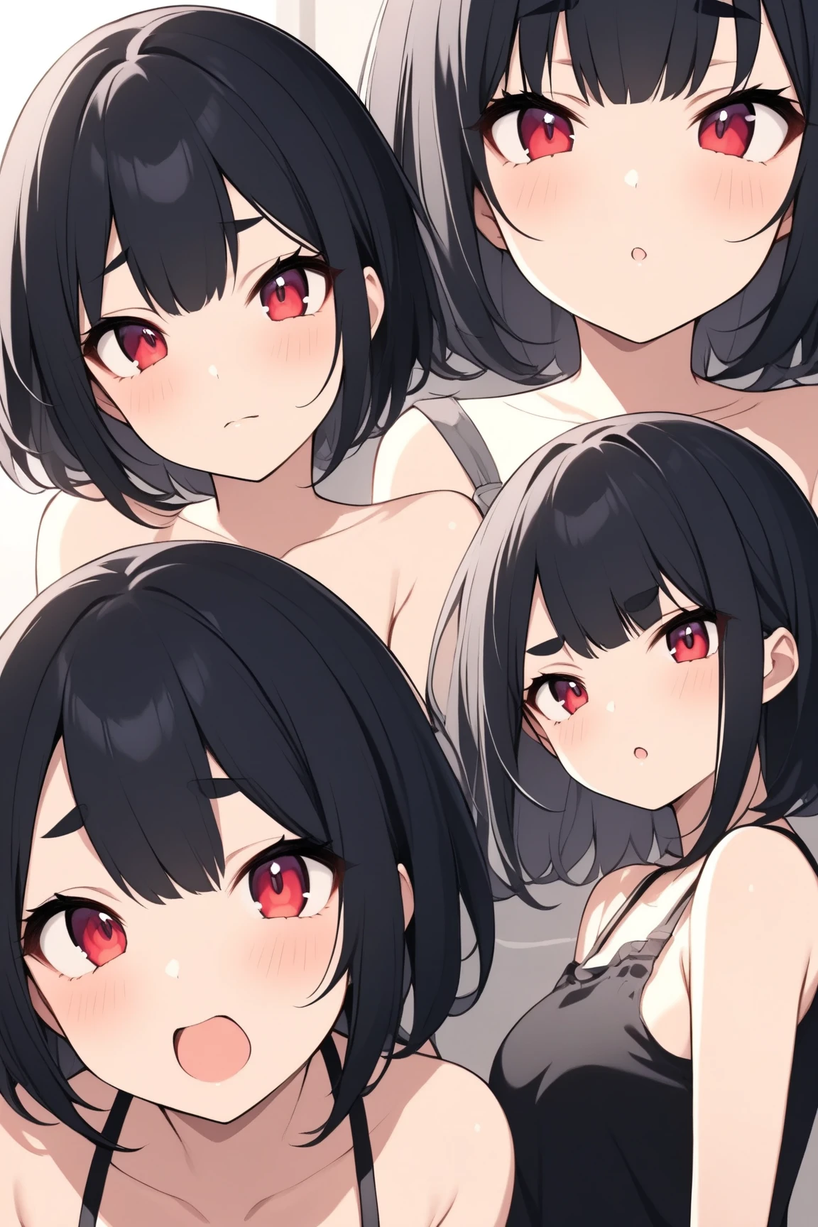 best quality, amazing quality, very aesthetic, absurdres, 1girl, rio (blue archive), blue archive, red eyes, black hair, strapless, (artist official art:1.5), (realistic face), (), (cowboy shot), (concept art:1.5), panties, (thigh, glowing eyes:1.4), perfect face, 4k, extremely detailed anime illustration, enhanced details, perfect anatomy, photo background, smooth skin, (black background:1.5), cristal clear eyes, beautiful face, big breasts