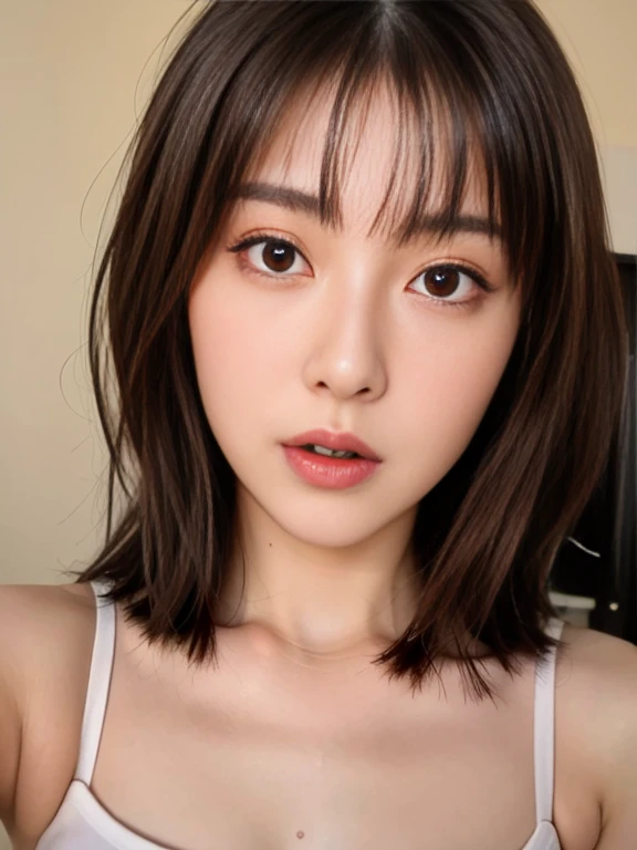 (top-quality:0.8)、(top-quality:0.8)、perfect anime illustration、Extreme close-up portrait of beautiful woman in white underwear relaxing in bedroom