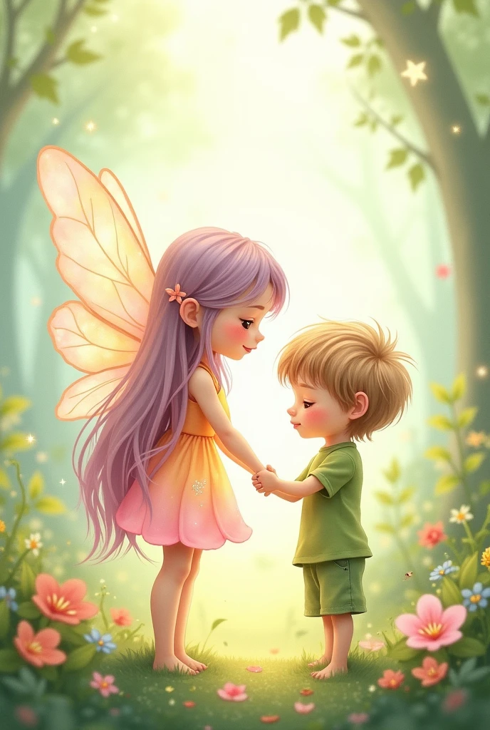 Butterfly woman in pink dress and boy with pink hair