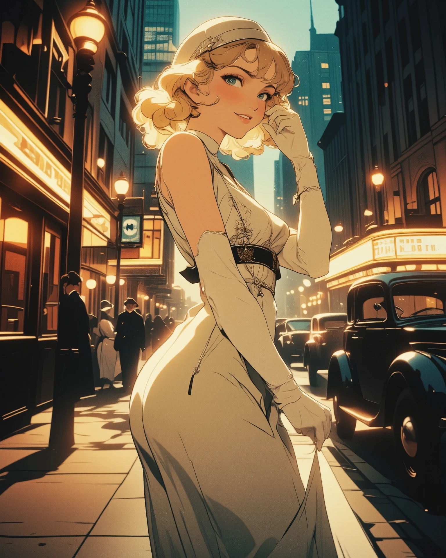 1930s, full colored picture, a mischievous pin-up girl vibe, giving a cute, squinty smile, elegant pinup girl in silk bias-cut midi dress, soft finger waves hairstyle, delicate geometric Art Deco patterns, long gloves and cloche hat,
dancing on an Art Deco city street with vintage automobiles and theater marquees, soft diffused lighting,